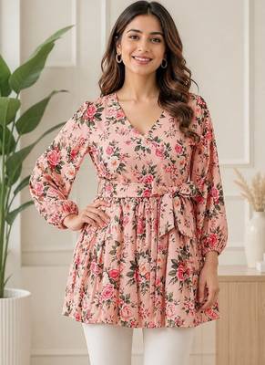 PEACH FLORAL DIGITAL PRINT WORK FABRIC RAYON WOMEN KURTI 1