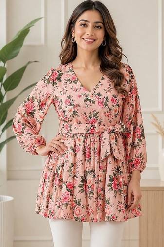 PEACH FLORAL DIGITAL PRINT WORK FABRIC RAYON WOMEN KURTI