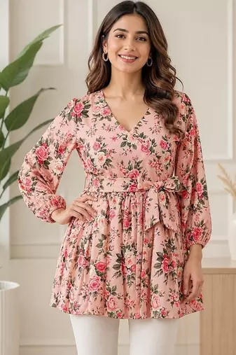 PEACH FLORAL DIGITAL PRINT WORK FABRIC RAYON WOMEN KURTI