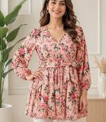 PEACH FLORAL DIGITAL PRINT WORK FABRIC RAYON WOMEN KURTI