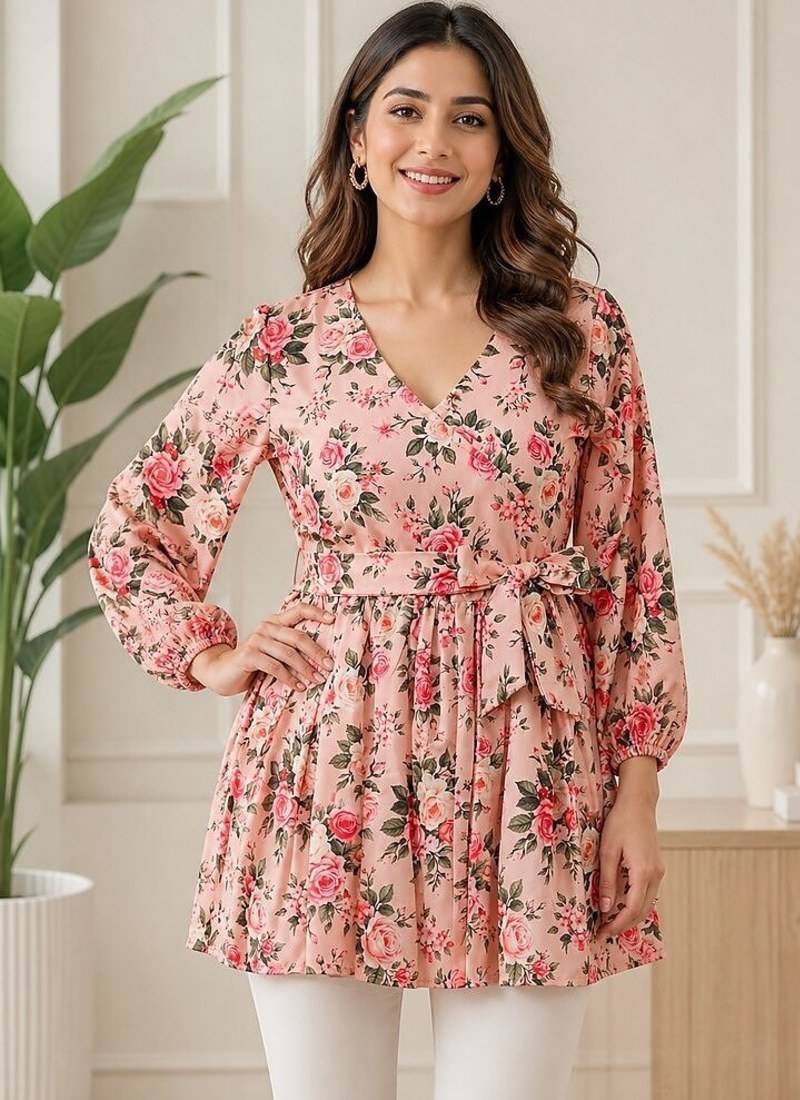 PEACH FLORAL DIGITAL PRINT WORK FABRIC RAYON WOMEN KURTI