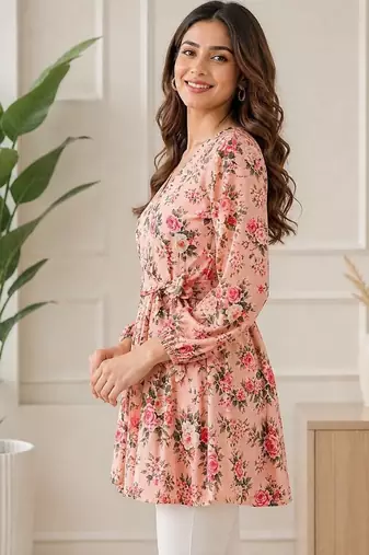 PEACH FLORAL DIGITAL PRINT WORK FABRIC RAYON WOMEN KURTI