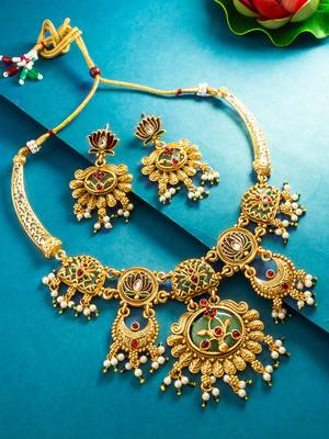 lotus motif crescent drop necklace set with earrings 1