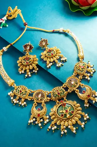 lotus motif crescent drop necklace set with earrings