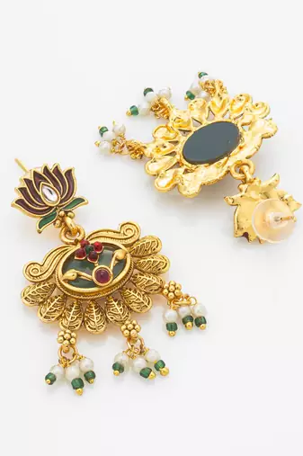 lotus motif crescent drop necklace set with earrings