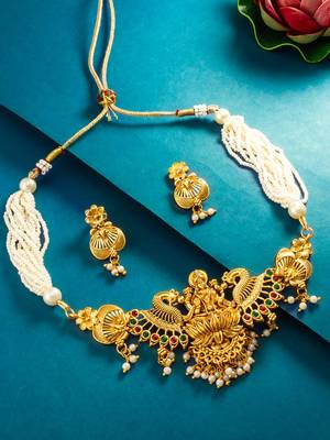 goddess lakshmi temple pearl strand necklace set with earrings 1
