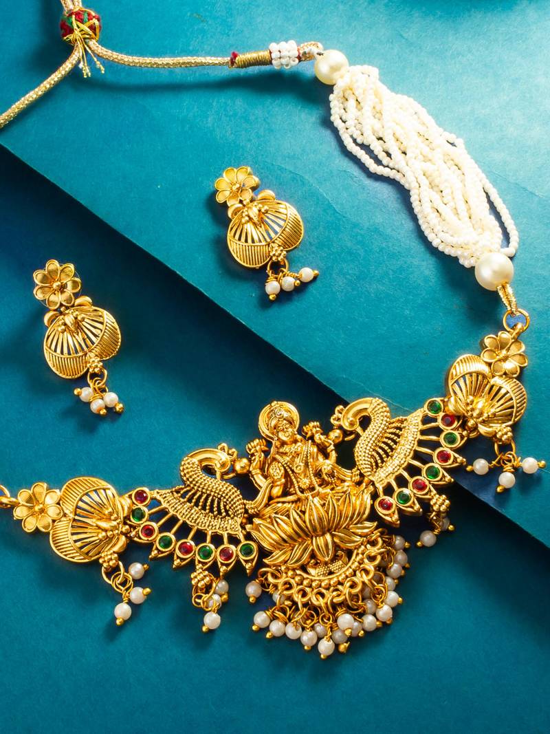 goddess lakshmi temple pearl strand necklace set with earrings