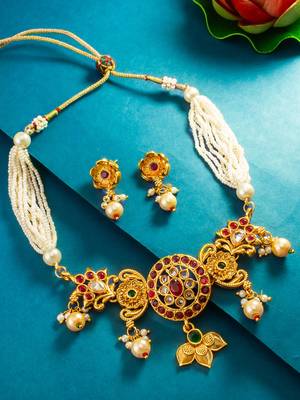 medallion motif pearl strand necklace set with earrings 1