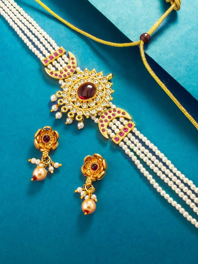 pearl strand choker necklace set with earrings