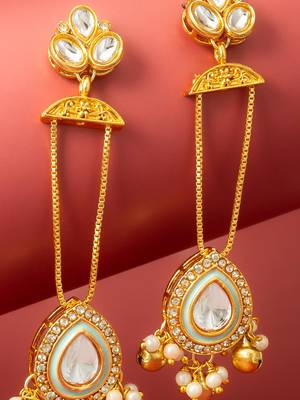 wedding special turquoise enamel kundan chandelier drop earrings with pearl ghungroo 2