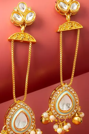 wedding special turquoise enamel kundan chandelier drop earrings with pearl ghungroo