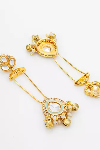 wedding special turquoise enamel kundan chandelier drop earrings with pearl ghungroo