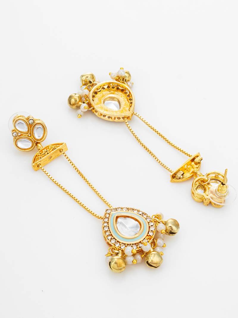 wedding special turquoise enamel kundan chandelier drop earrings with pearl ghungroo