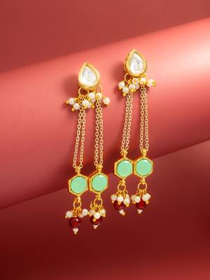 party wear kundan green hexagon stone chain tassel drop earrings 1