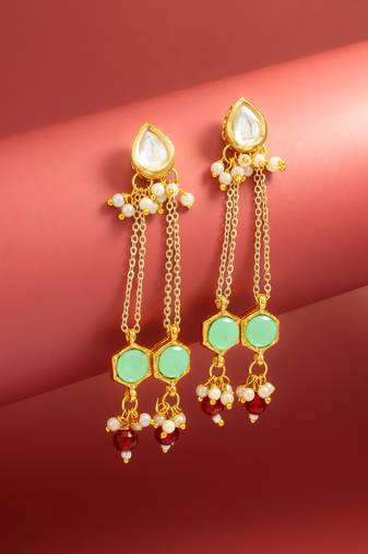 party wear kundan green hexagon stone chain tassel drop earrings