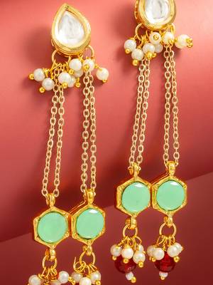 party wear kundan green hexagon stone chain tassel drop earrings 2