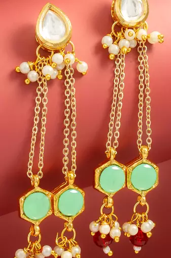 party wear kundan green hexagon stone chain tassel drop earrings