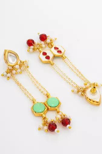 party wear kundan green hexagon stone chain tassel drop earrings