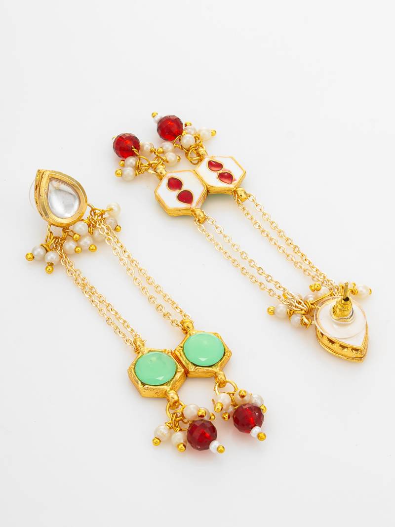 party wear kundan green hexagon stone chain tassel drop earrings