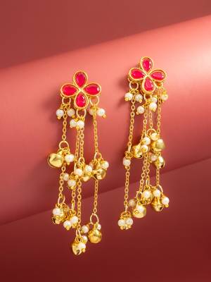 kundan pink floral chain tassel drop earrings with ghungroo for party wear 1