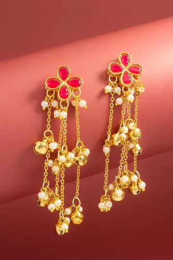 kundan pink floral chain tassel drop earrings with ghungroo for party wear