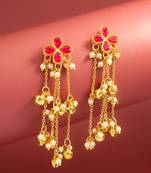 kundan pink floral chain tassel drop earrings with ghungroo for party wear