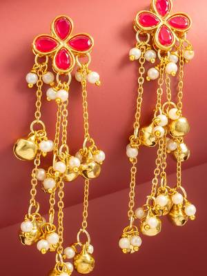 kundan pink floral chain tassel drop earrings with ghungroo for party wear 2