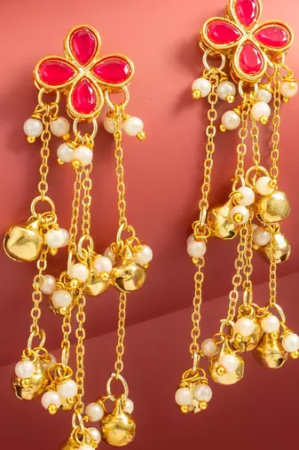 kundan pink floral chain tassel drop earrings with ghungroo for party wear