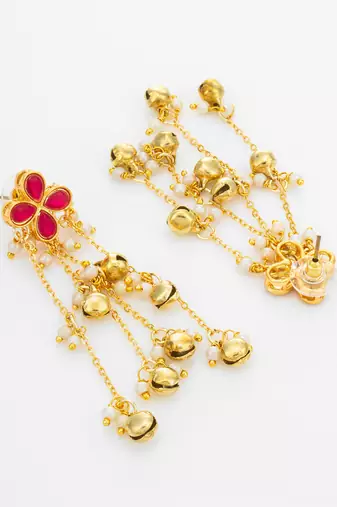 kundan pink floral chain tassel drop earrings with ghungroo for party wear