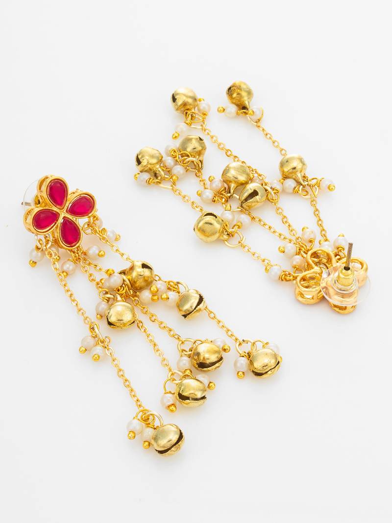 kundan pink floral chain tassel drop earrings with ghungroo for party wear