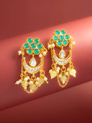 wedding wear kundan green floral chandbali style drop earrings 1