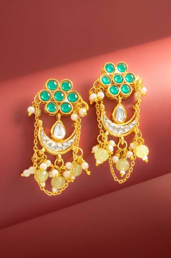 wedding wear kundan green floral chandbali style drop earrings