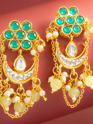 wedding wear kundan green floral chandbali style drop earrings 2