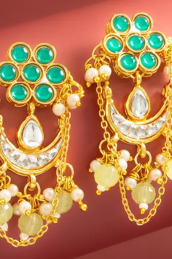 wedding wear kundan green floral chandbali style drop earrings