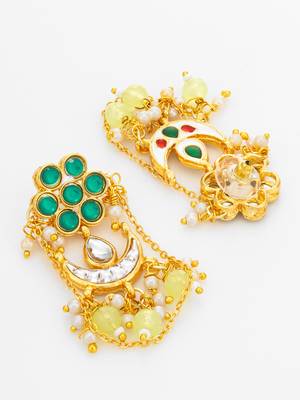 wedding wear kundan green floral chandbali style drop earrings 3