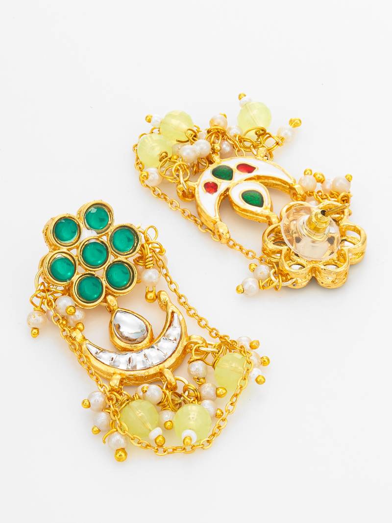 wedding wear kundan green floral chandbali style drop earrings