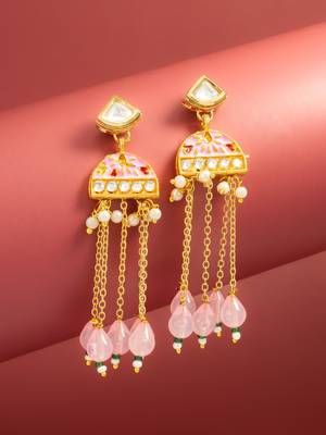 kundan pink meenakari dangle earrings with chain tassels 1