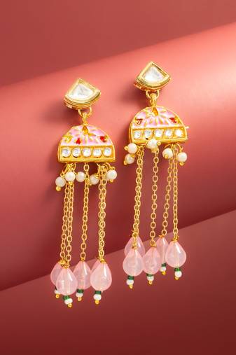kundan pink meenakari dangle earrings with chain tassels