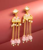 kundan pink meenakari dangle earrings with chain tassels