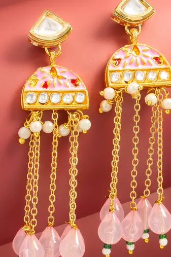kundan pink meenakari dangle earrings with chain tassels