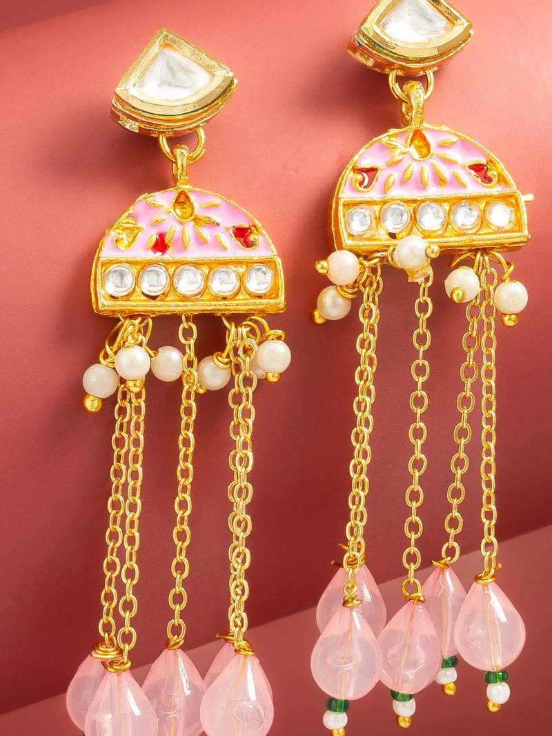 kundan pink meenakari dangle earrings with chain tassels