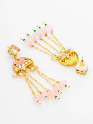 kundan pink meenakari dangle earrings with chain tassels 3
