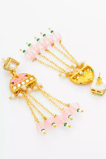 kundan pink meenakari dangle earrings with chain tassels