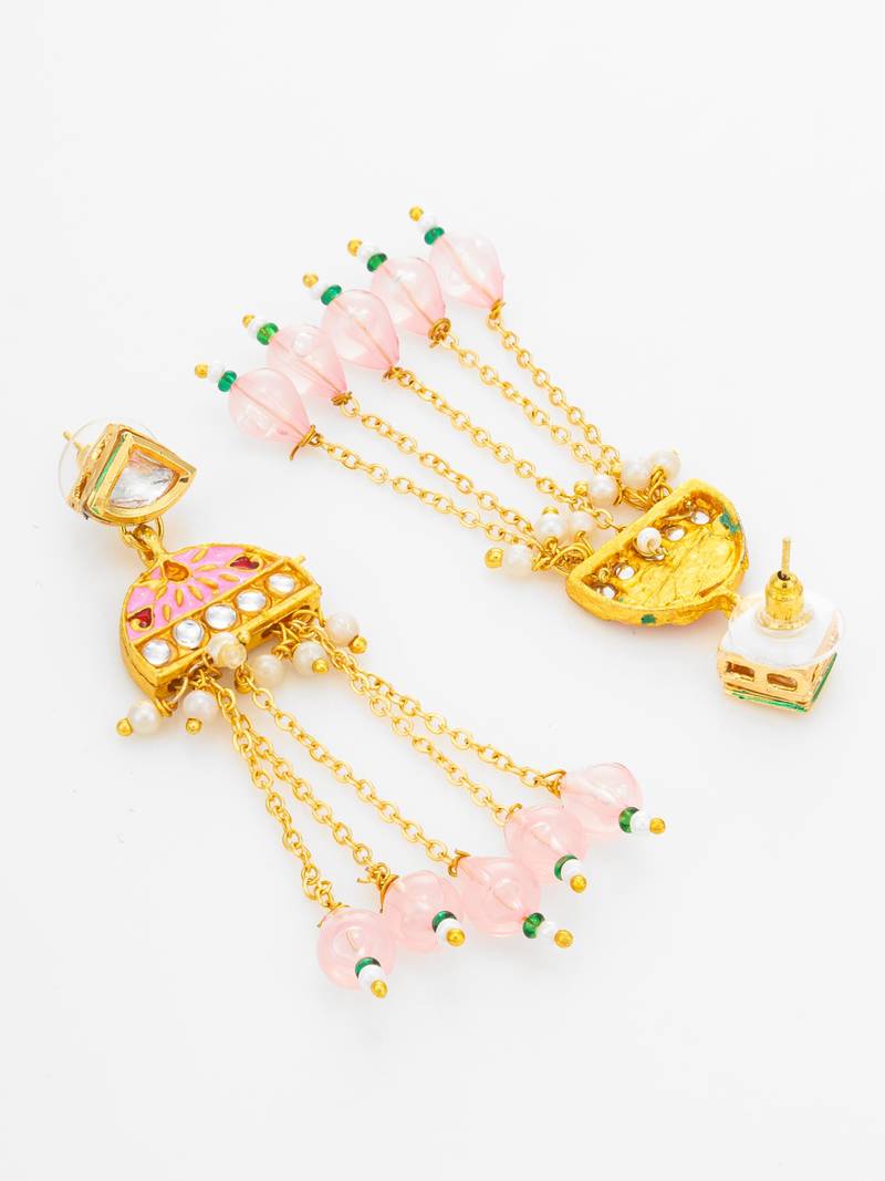kundan pink meenakari dangle earrings with chain tassels