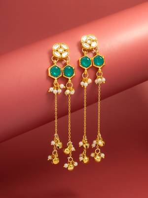 wedding wear kundan green hexagon chandelier earrings with chain tassels 1