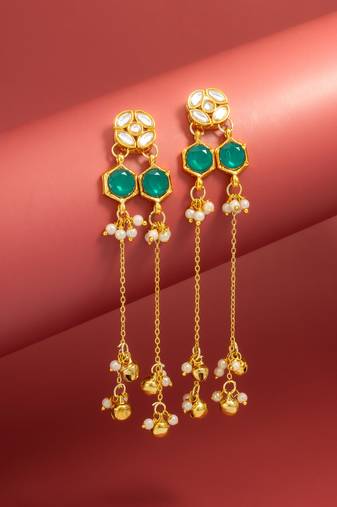 wedding wear kundan green hexagon chandelier earrings with chain tassels