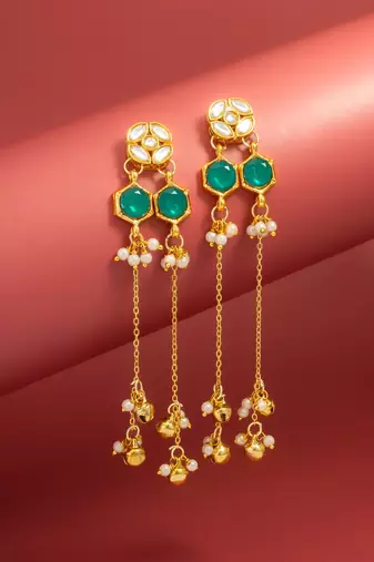 wedding wear kundan green hexagon chandelier earrings with chain tassels