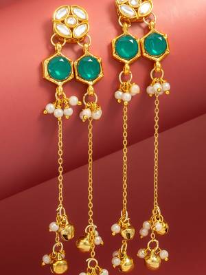 wedding wear kundan green hexagon chandelier earrings with chain tassels 2