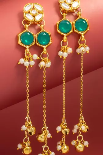 wedding wear kundan green hexagon chandelier earrings with chain tassels