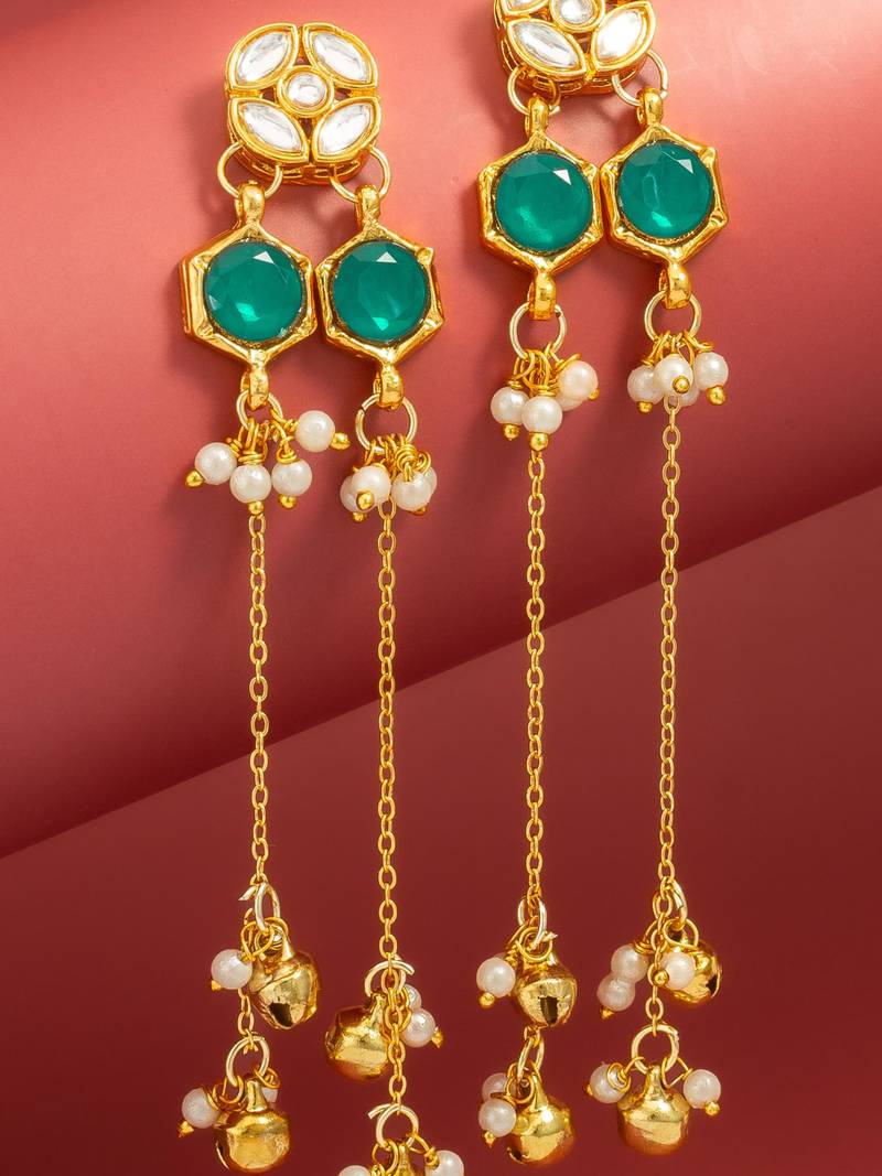wedding wear kundan green hexagon chandelier earrings with chain tassels